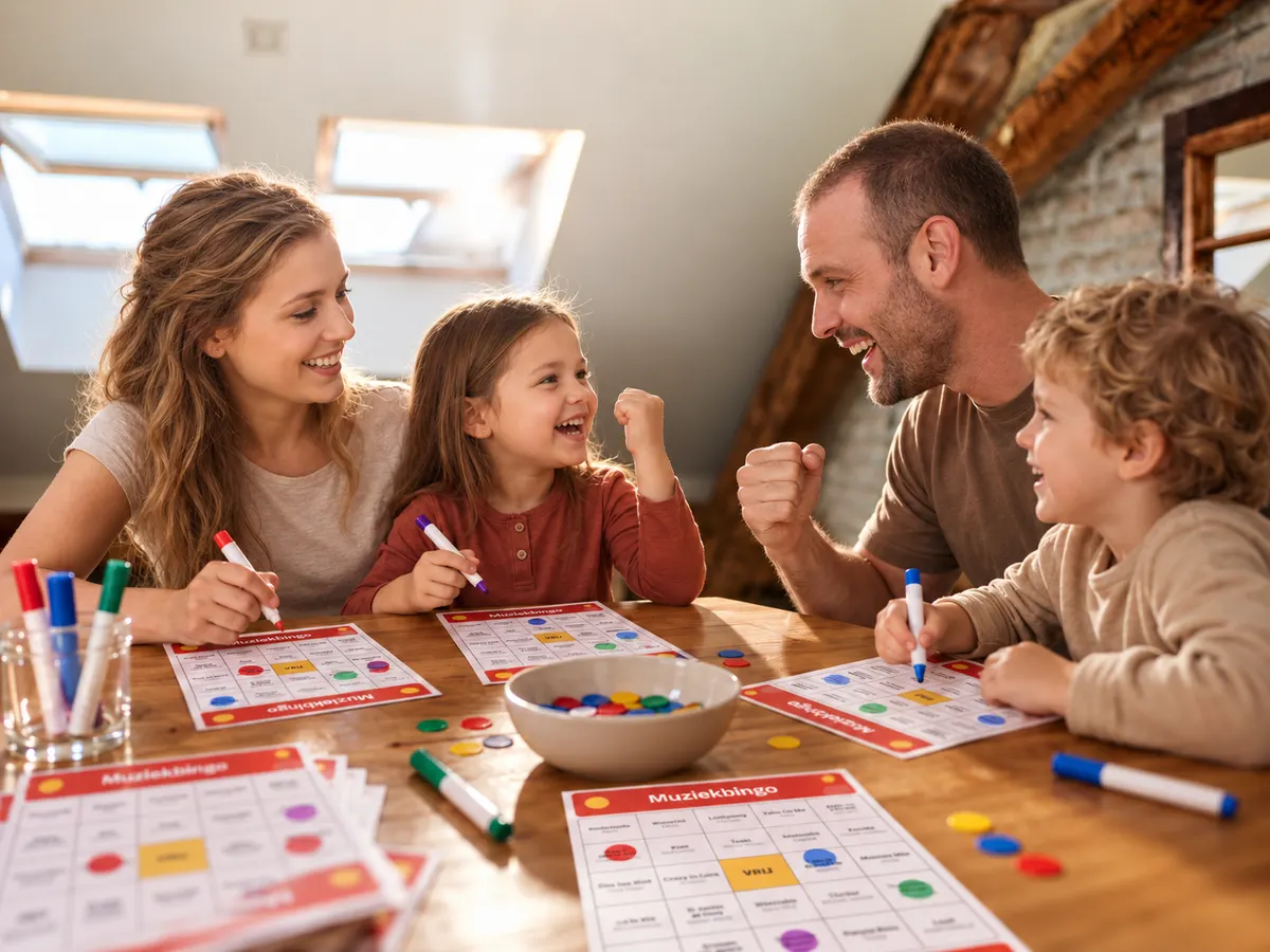 Une famille joue au bingo musical autour de la table